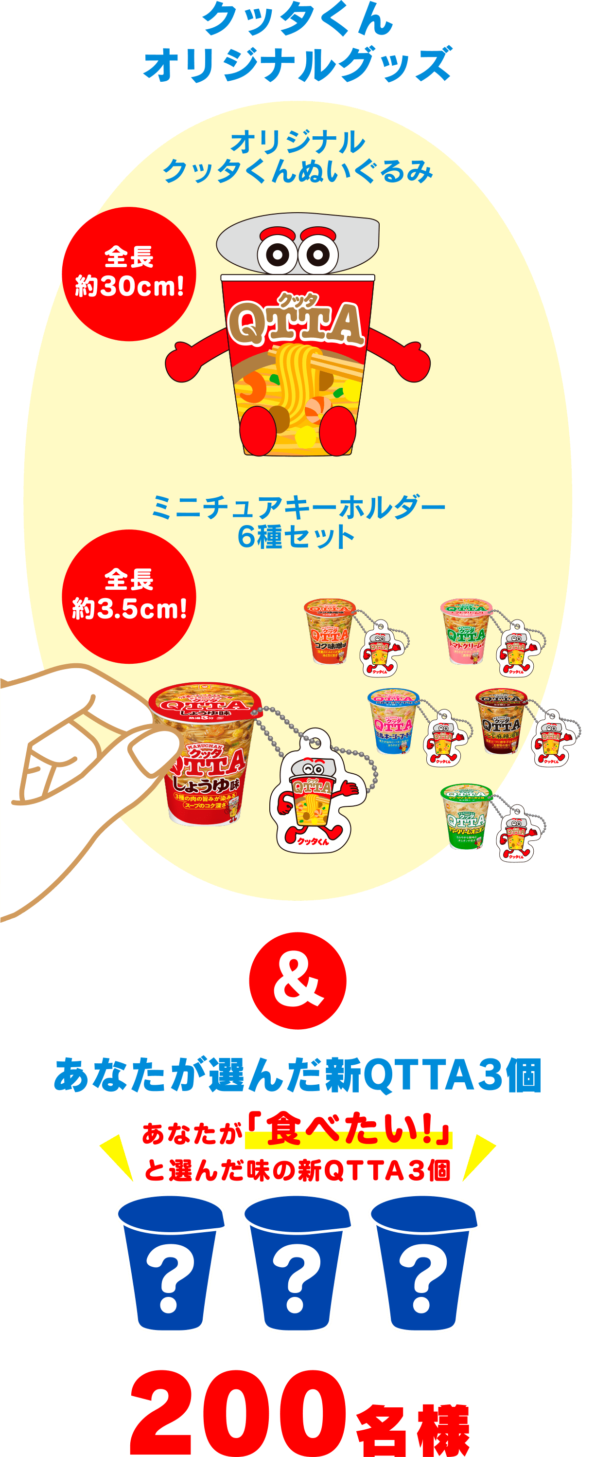 クッタくんオリジナルグッズ　オリジナルクッタくんぬいぐるみ（全長約30cm！）ミニチュアキーホルダー6種セット（全長約3.5cm！）＆ あなたが選んだ新QTTA3個　あなたが「食べたい！」と選んだ味の新QTTA3個　200名様